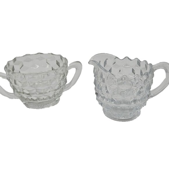 Pair Vintage Jeannette Sugar Creamer Cube Cubist Clear Depression Glass 1929-33 - Picture 1 of 4